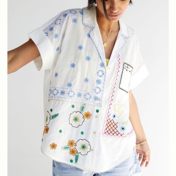 Anthropologie Pilcro Floral Embroidered Scarf Button Down White Cotton Size XS - Picture 1 of 8